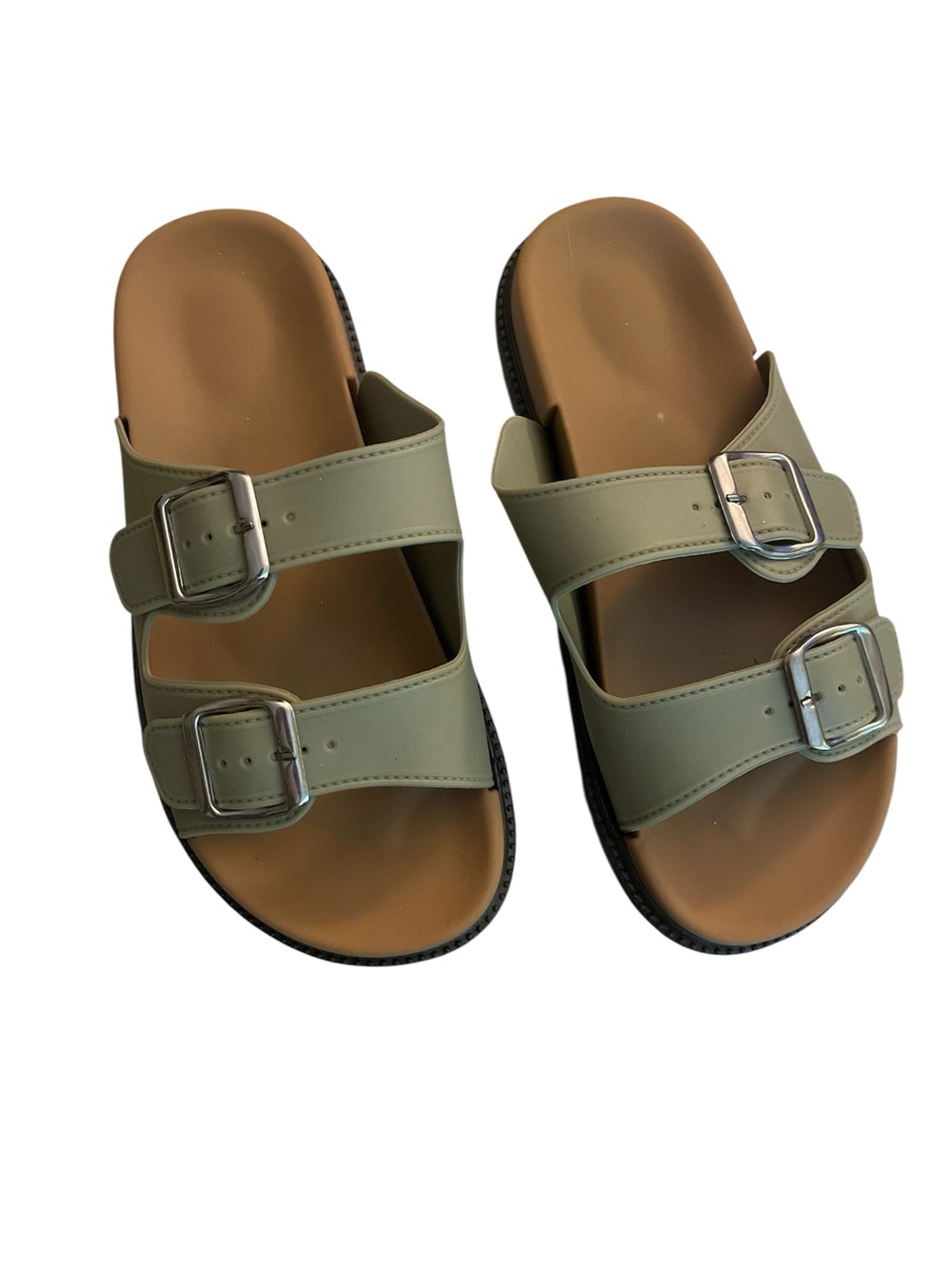 Double Buckle Slide Sandals in Sage Green